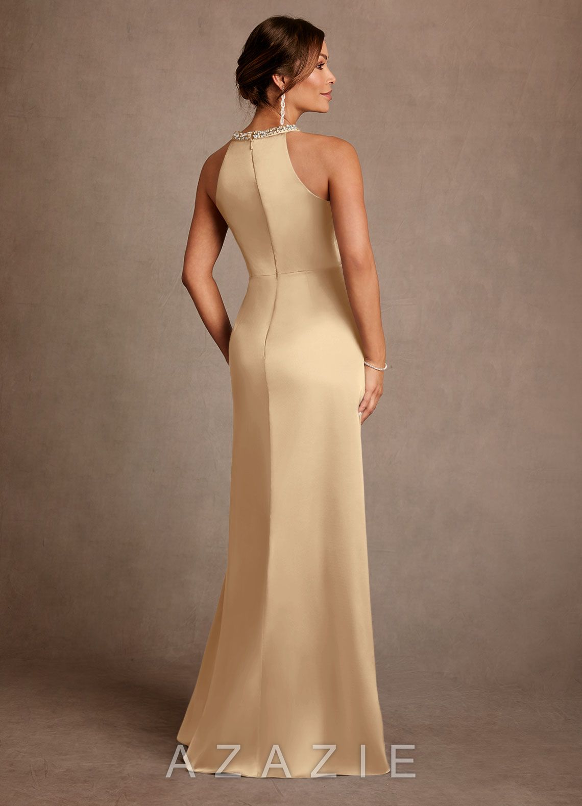 Azazie Lawrence Champagne A-Line Pleated Stretch Satin Dress champagne