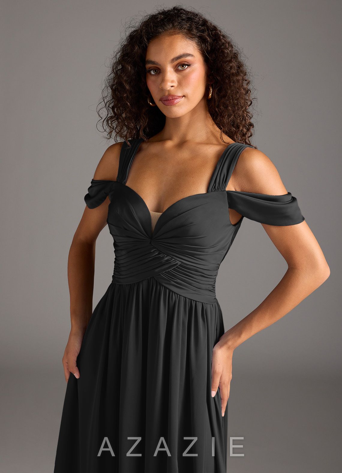 Azazie Lianne Black A-Line Off the Shoulder Stretch Satin Dress black