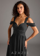 Azazie Lianne Black A-Line Off the Shoulder Stretch Satin Dress black