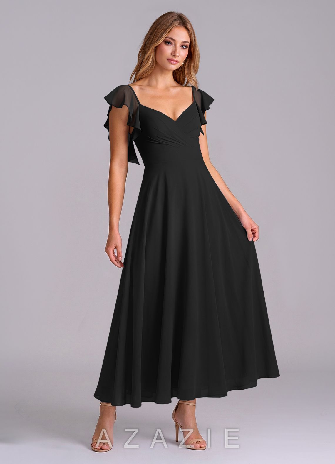 Azazie Leilani Black A-Line Ruched Chiffon Dress black