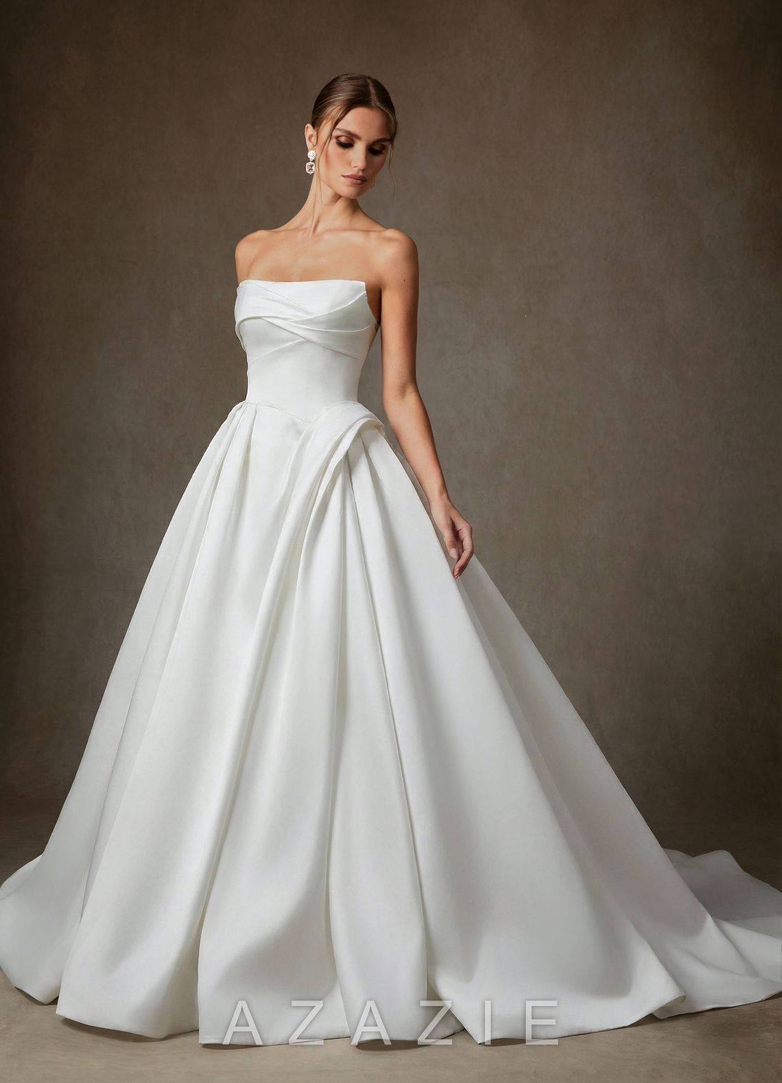 Azazie Suki Diamond White Ball-Gown Off the Shoulder Satin Dress