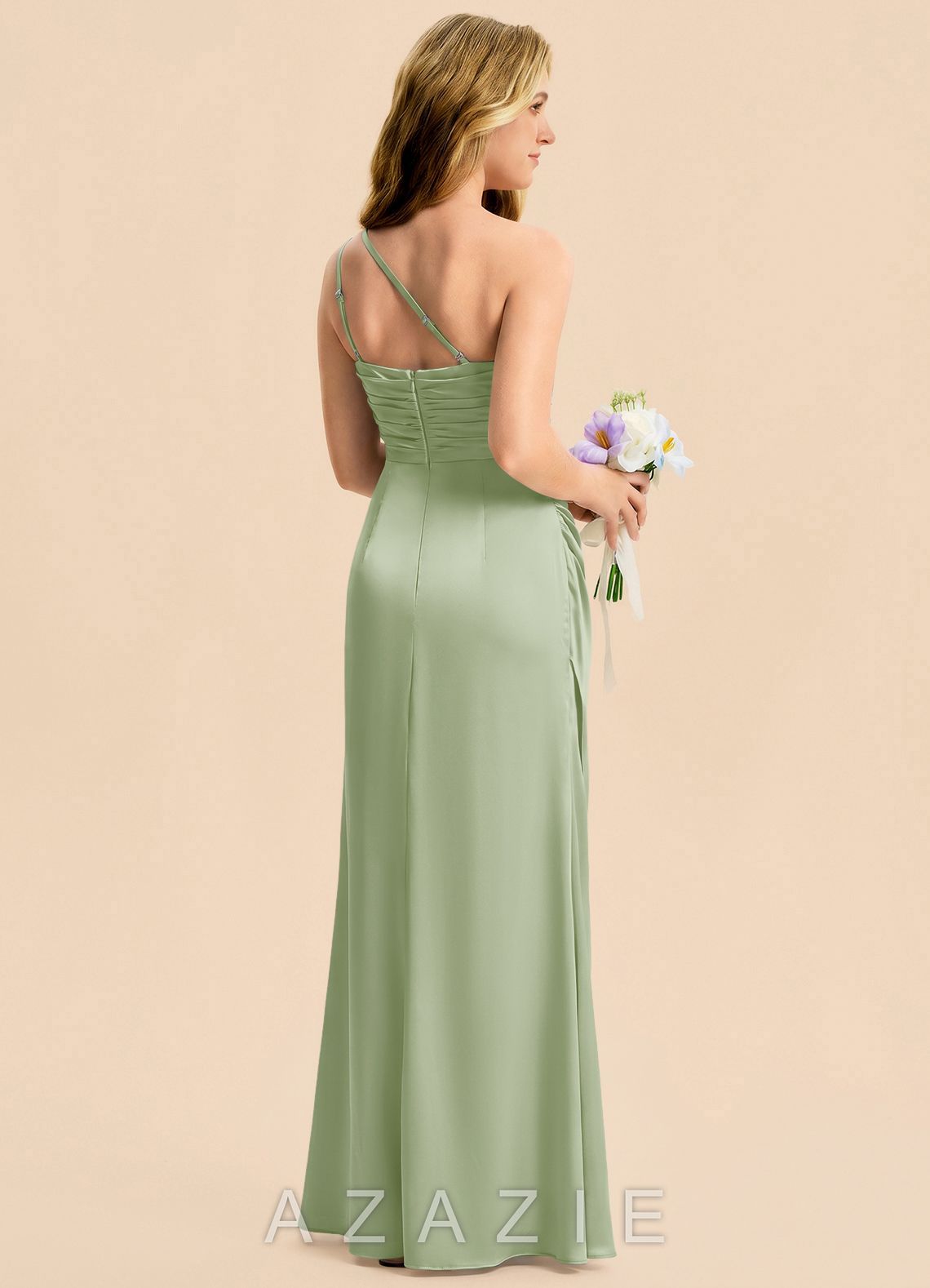 Azazie Eren Junior Dusty Sage Sheath Pleated Stretch Satin Dress dusty_sage