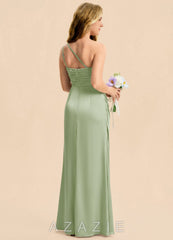 Azazie Eren Junior Dusty Sage Sheath Pleated Stretch Satin Dress dusty_sage