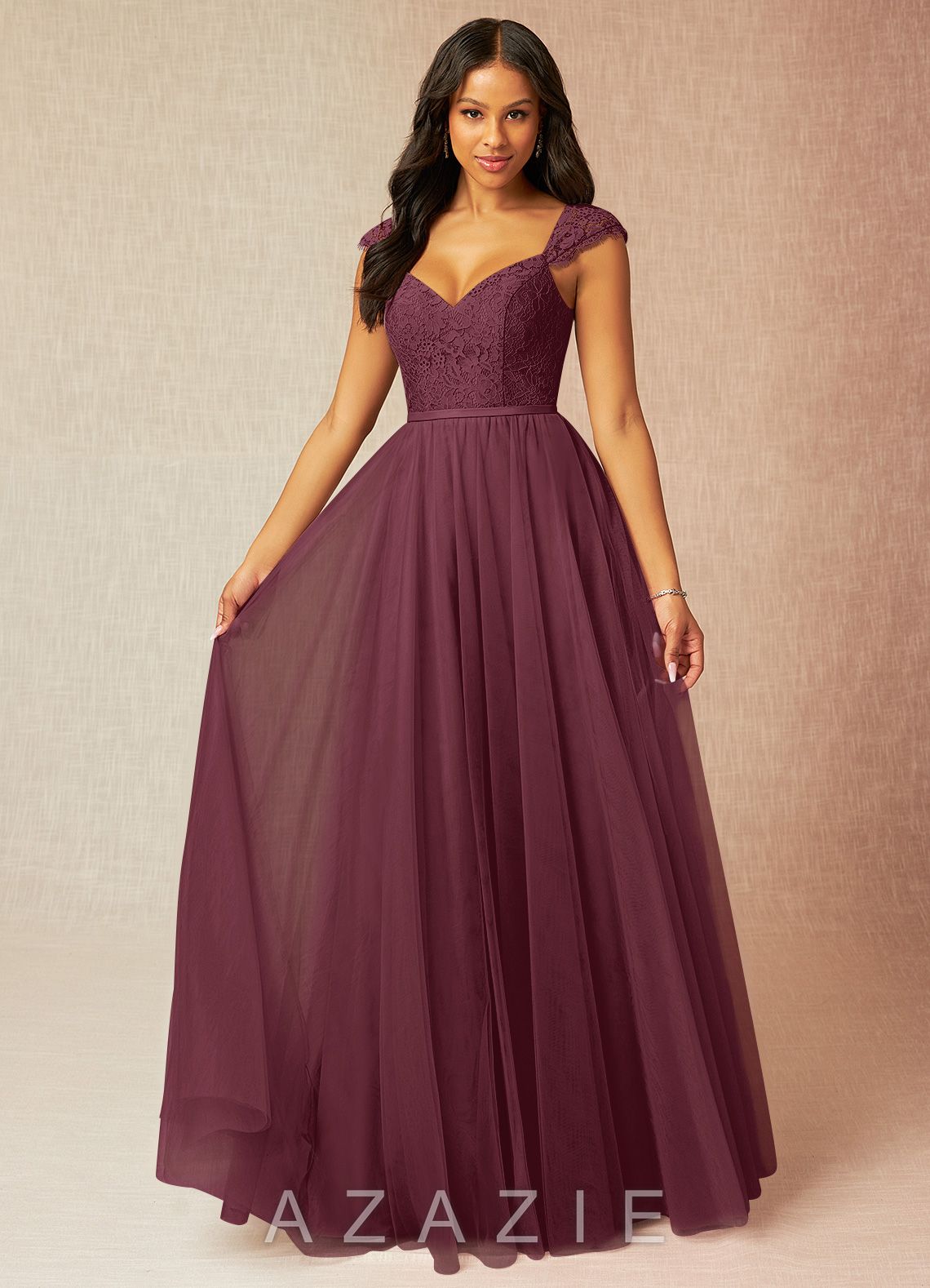 Azazie Luxi Cabernet A-Line Pleated Tulle Dress