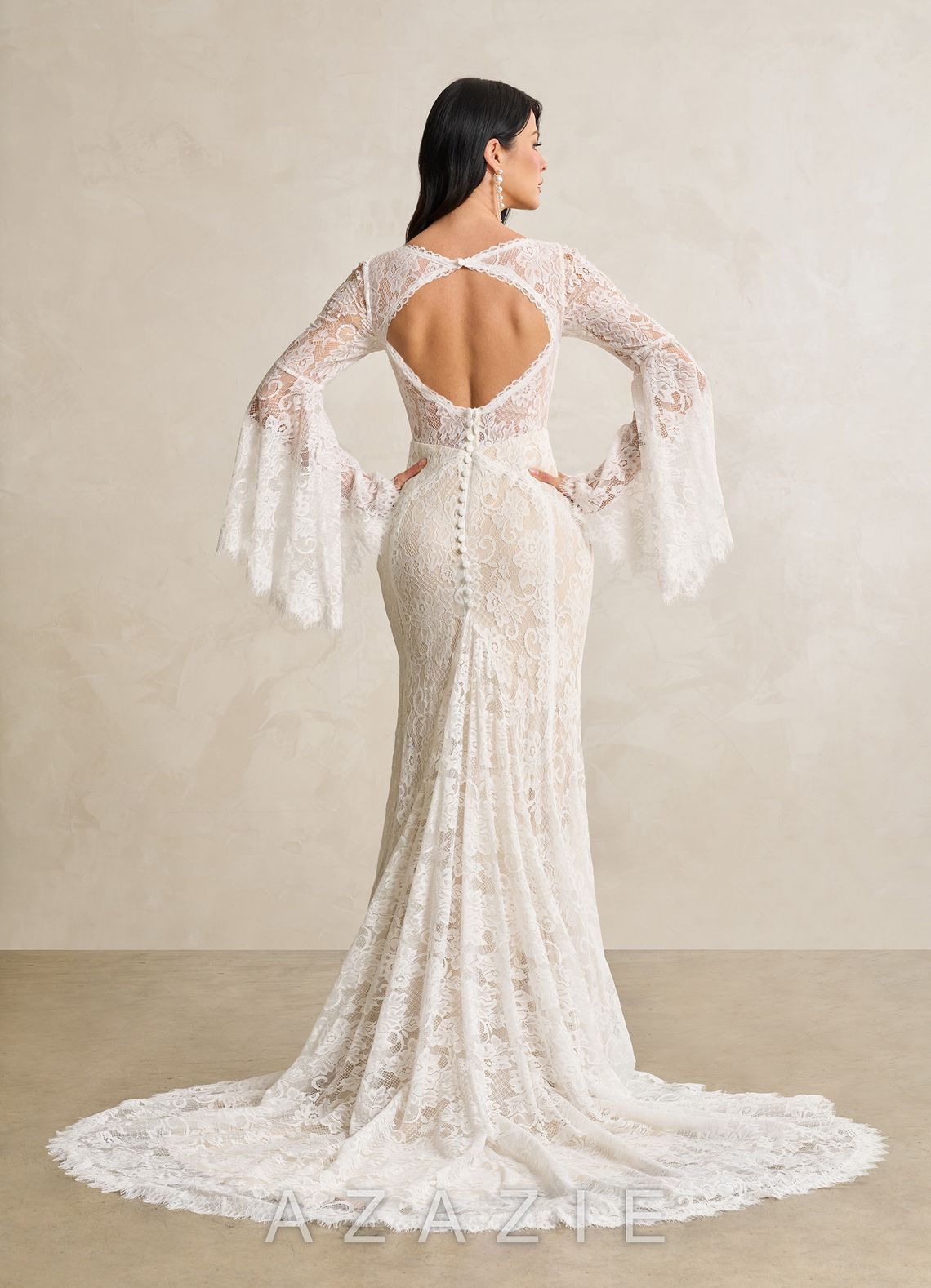 Azazie Hayes Wedding Dress Diamond White Champagne Mermaid V-Neck Lace Dress diamond_white/champagne