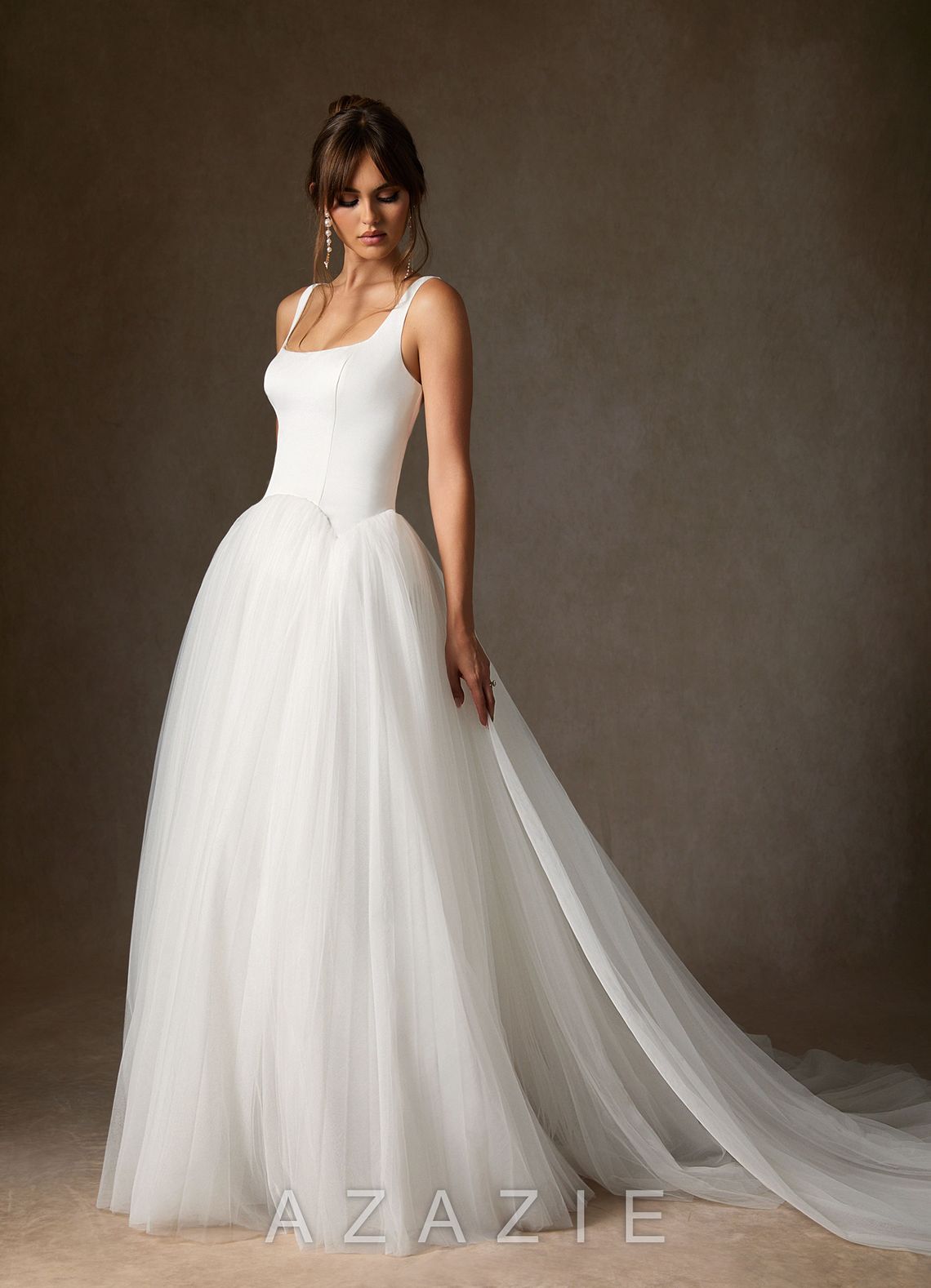 Azazie Samirah Diamond White A-Line Detachable Train Double Faced Satin Dress