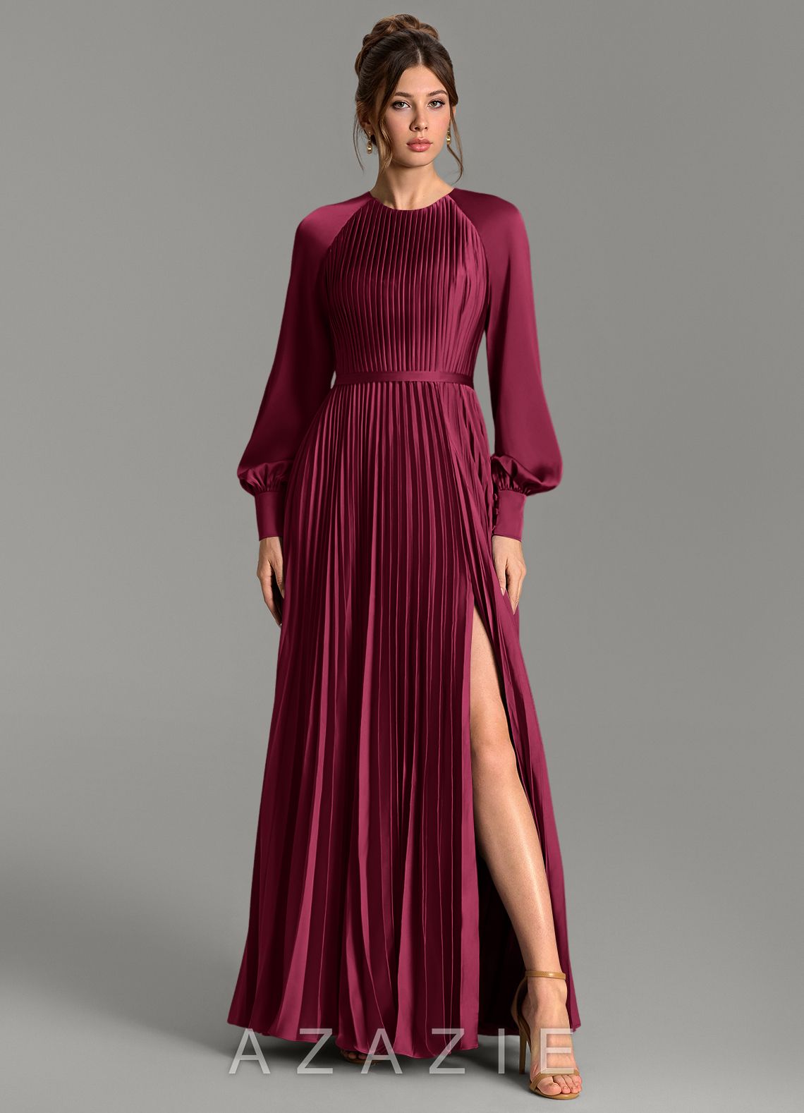 Azazie Grayson Burgundy A-Line Long Sleeve Stretch Satin Dress