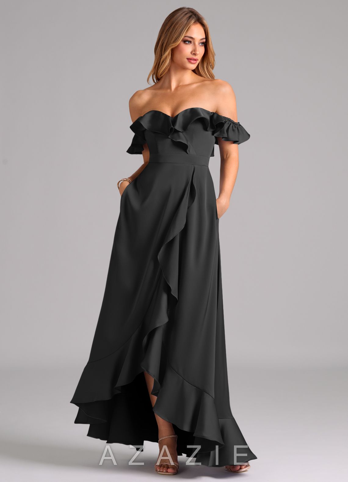 Azazie Lyra Black A-Line Off the Shoulder Stretch Satin Convertible Dress black