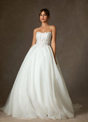 Azazie Ainsley Diamond White Ball-Gown Strapless Lace Dress