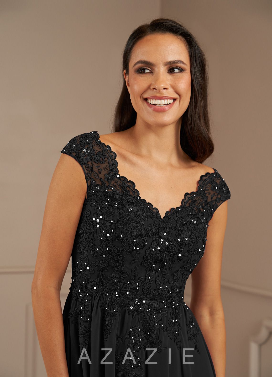 Azazie Amethyst Black A-Line V-Neck Sequins Chiffon Dress black