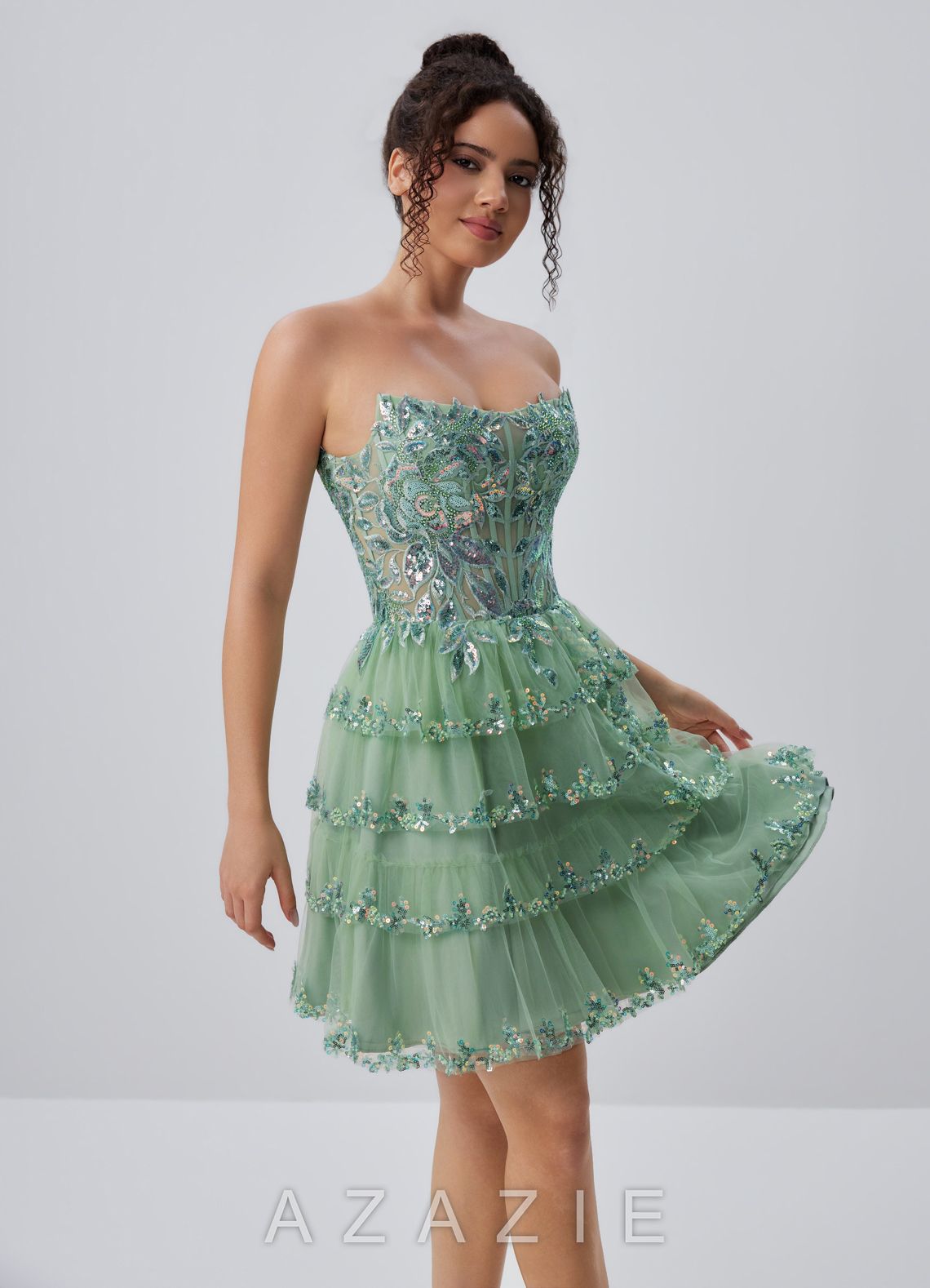 Esmayabella Sage Sequin Embroidery Beading Ruffles Corset Tulle Mini Dress