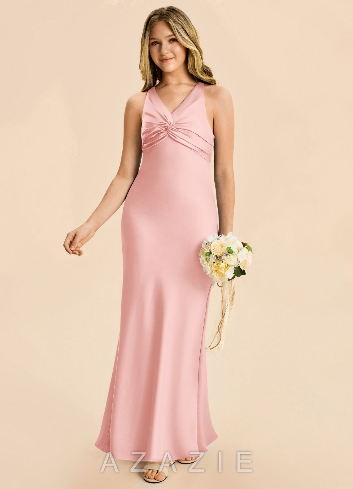 Azazie Hati Junior Powder Pink Mermaid Stretch Satin Dress powder_pink