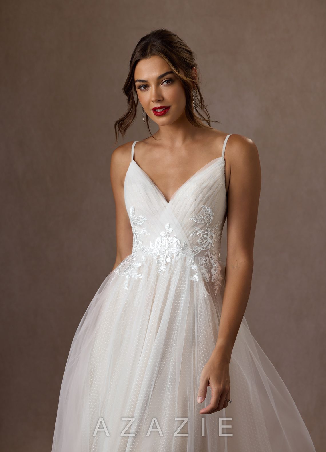 Azazie Liana Wedding Dress Diamond White A-Line V-Neck Sequins Tulle Dress diamond_white