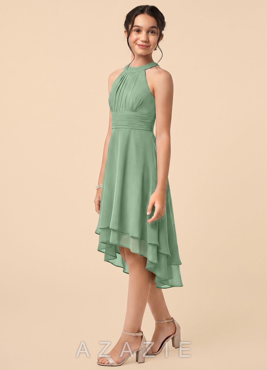 Azazie Linna Junior Matcha A-Line Pleated Chiffon Dress matcha