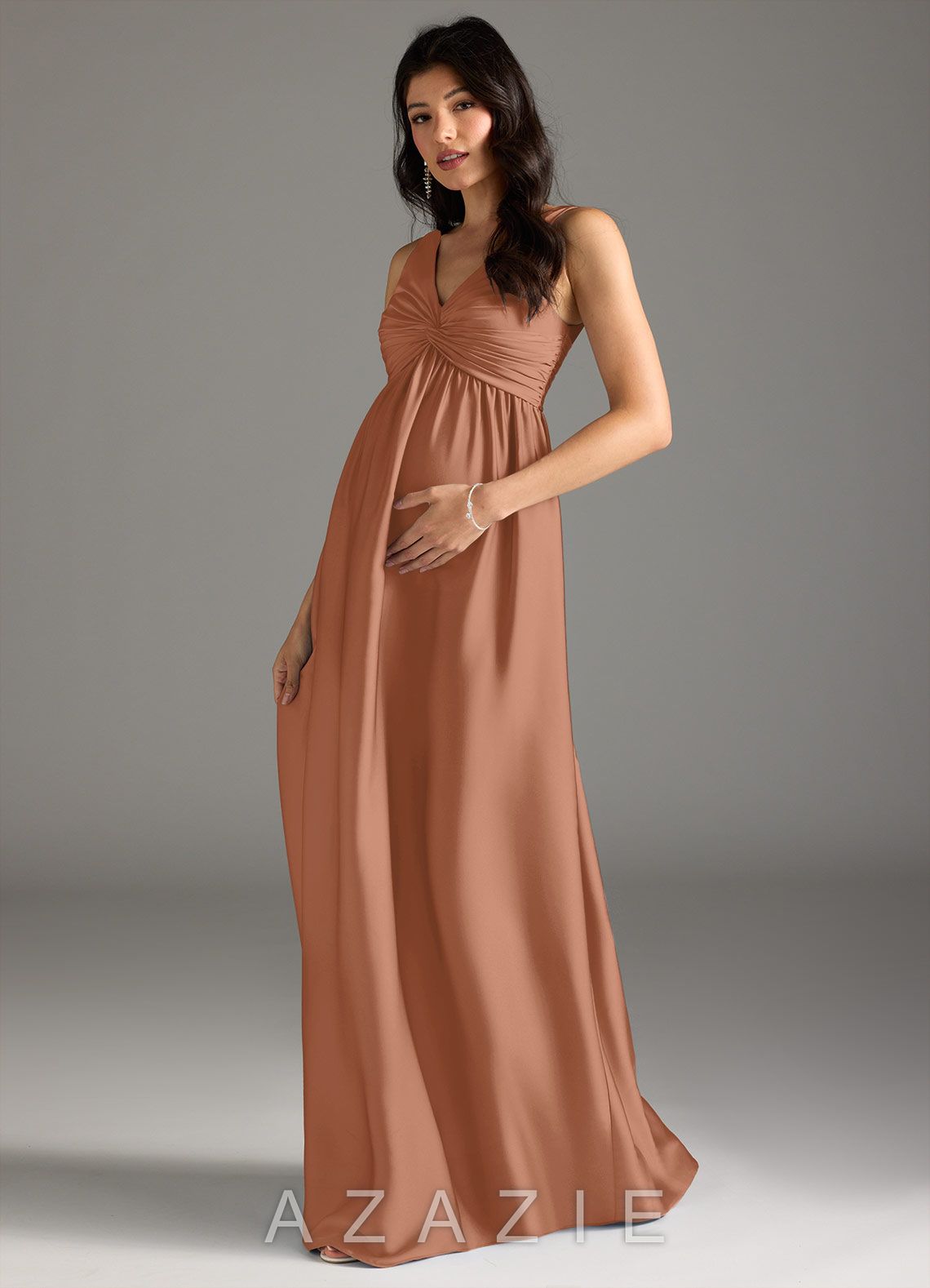 Azazie Yetta A-Line Pleated Stretch Satin Floor-Length Dress
