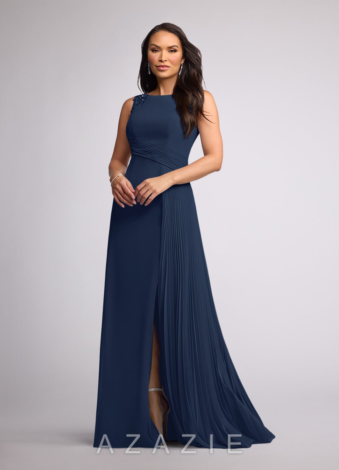 Azazie Galvan Dark Navy A-Line Sequins Chiffon Dress