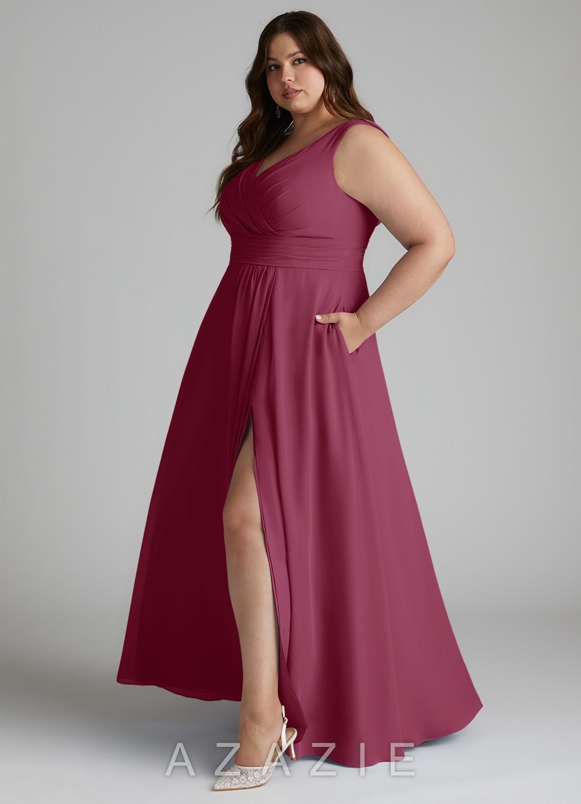 Azazie Karina Mulberry A-Line Pleated Chiffon Dress mulberry