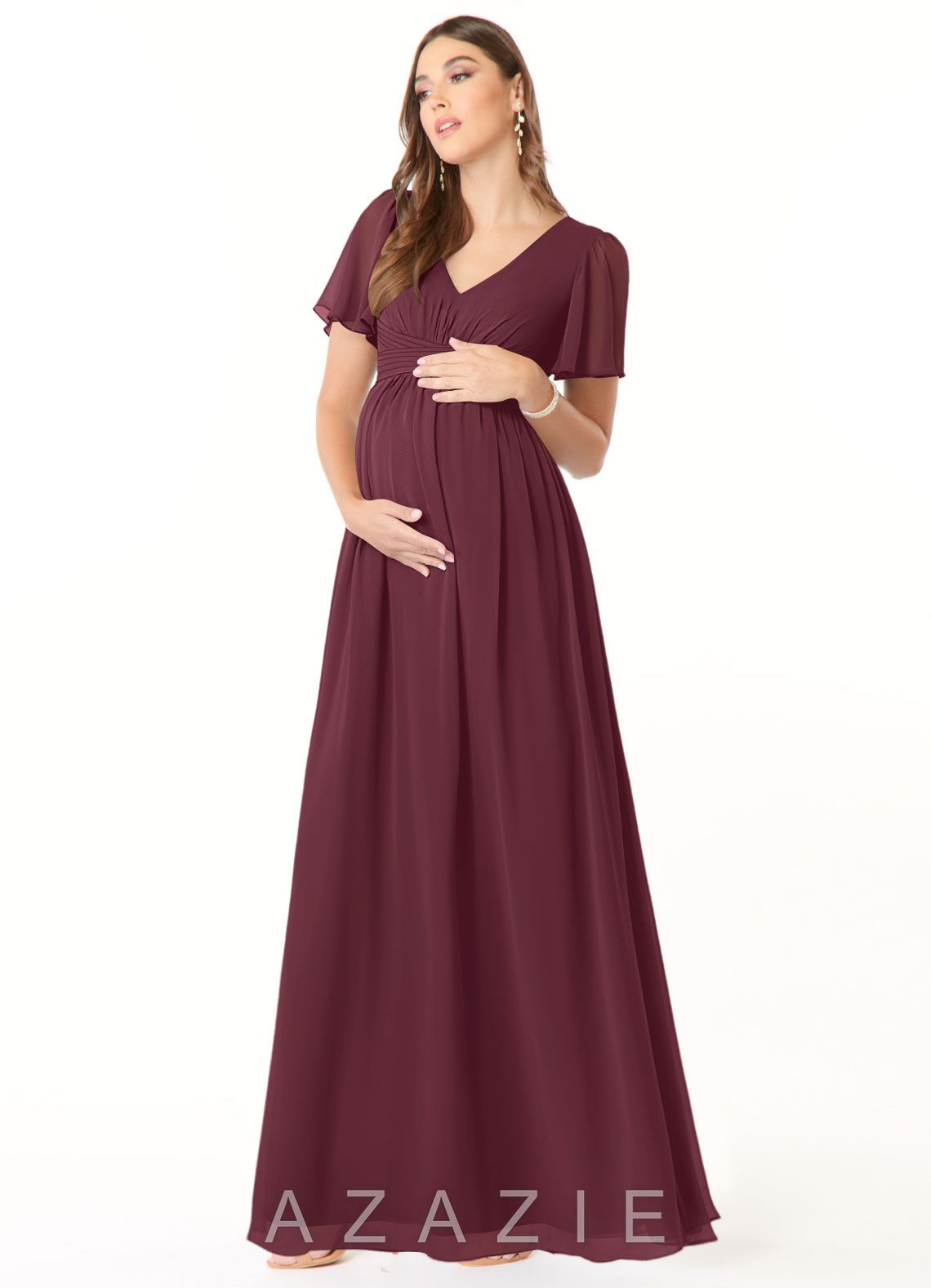 Azazie Verna A-Line V-Neck Ruched Chiffon Floor-Length Dress