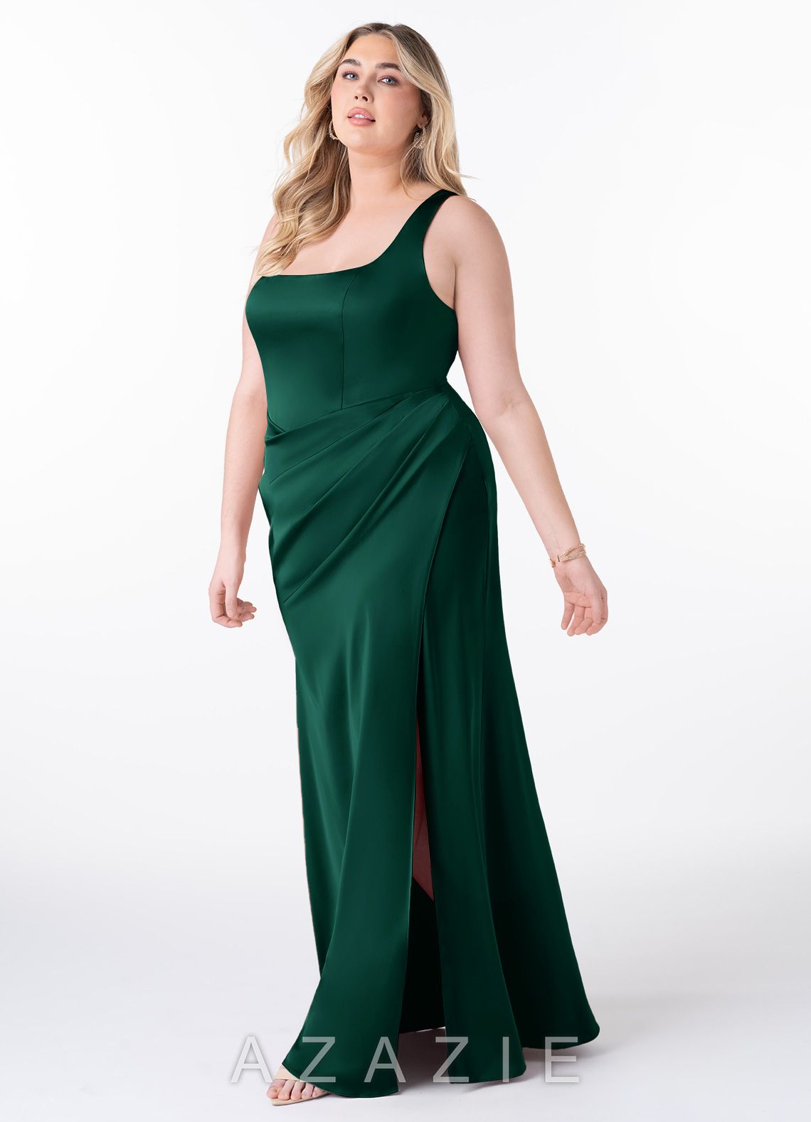 Azazie Mero Emerald Mermaid Pleated Stretch Satin Dress emerald