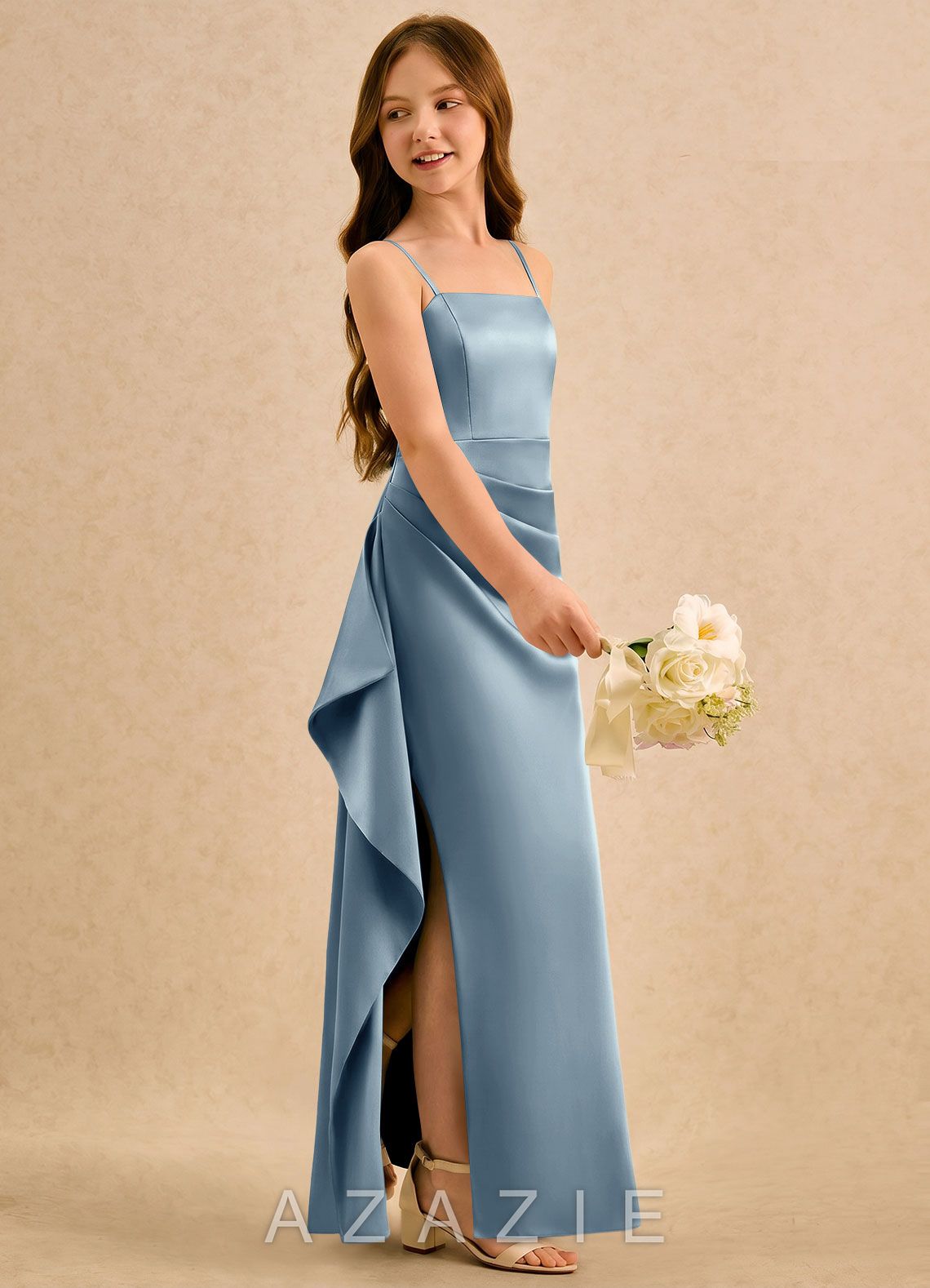 Azazie Cannoli Girls Formal Dusty Blue A-Line Pleated Stretch Satin Dress dusty_blue