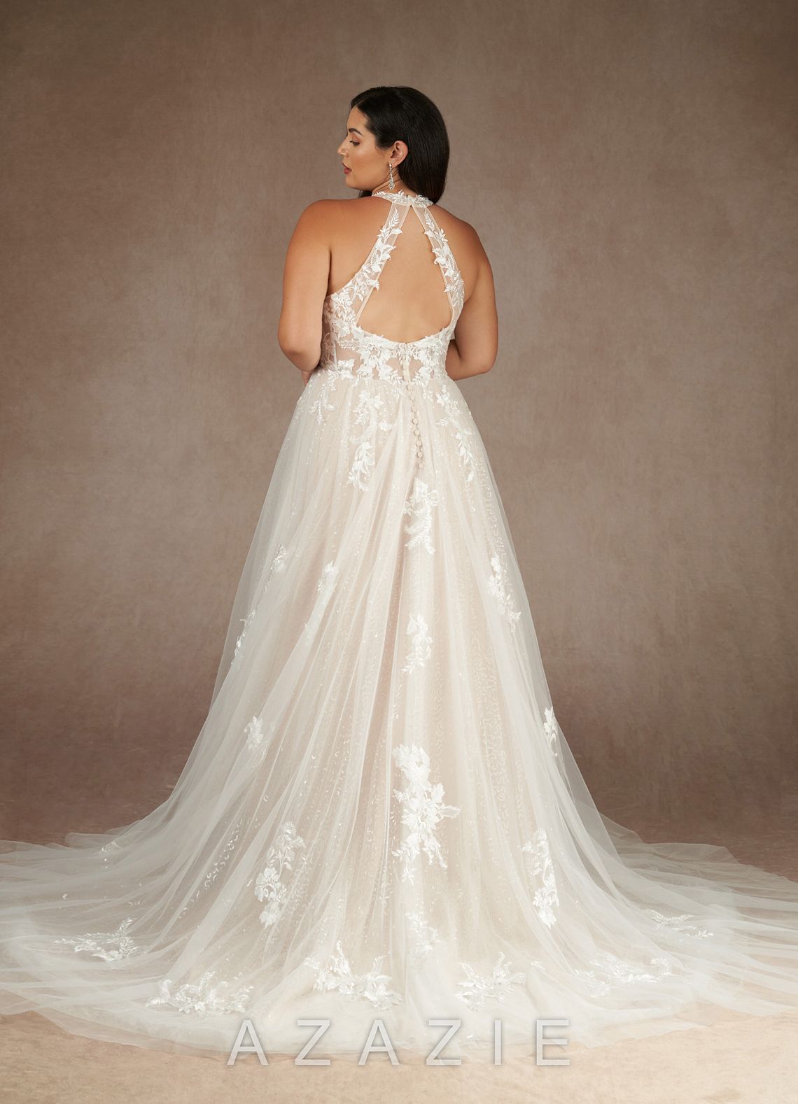 Azazie Dysis Wedding Dress Diamond White Champagne A-Line Halter Sequins Tulle Dress diamond_white/champagne