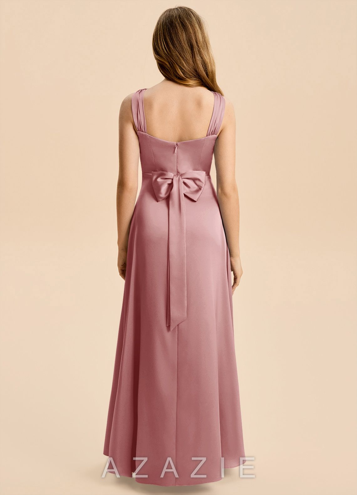 Azazie Kiki Junior Dusty Rose A-Line Bow Stretch Satin Dress dusty_rose