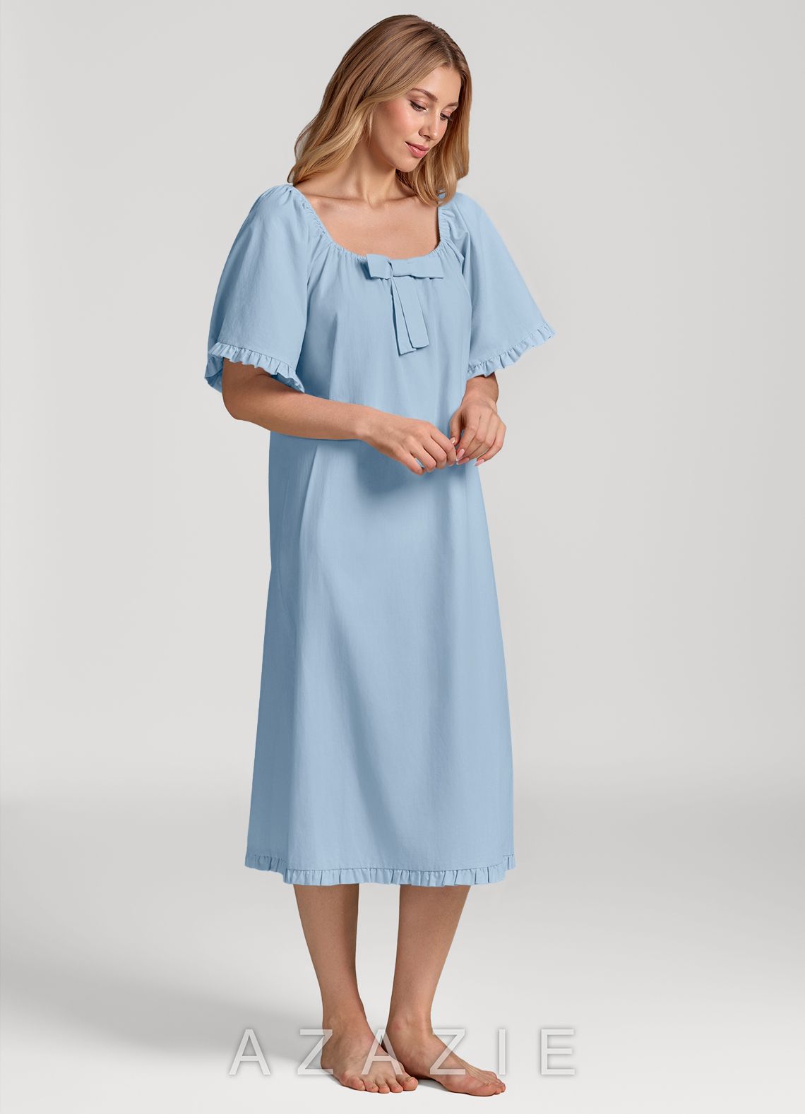 Ruffled Bow Short Sleeve Cotton Pajama Dress  sky_blue