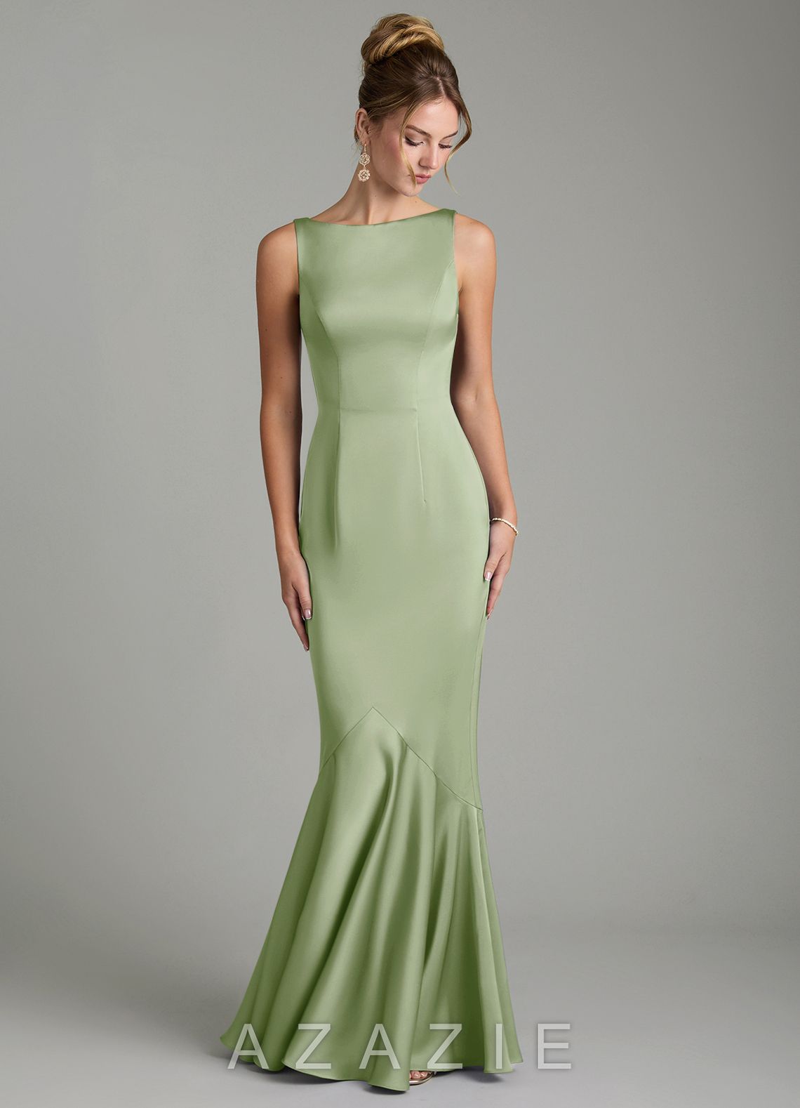 Azazie Tamera Dusty Sage Mermaid Pleated Stretch Satin Dress dusty_sage