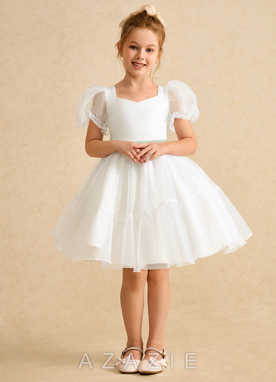 Azazie Debbie Ivory Dusty Sage Ball-Gown Sweetheart Neckline Organza Dress ivory/dusty_sage