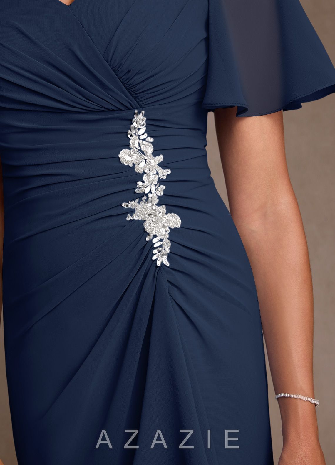 Azazie Suffolk Dark Navy A-Line Pleated Chiffon Dress dark_navy