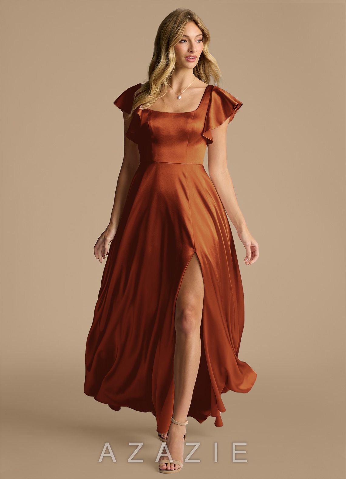 Azazie Bondi Auburn A-Line Bow Metallic Satin Dress auburn