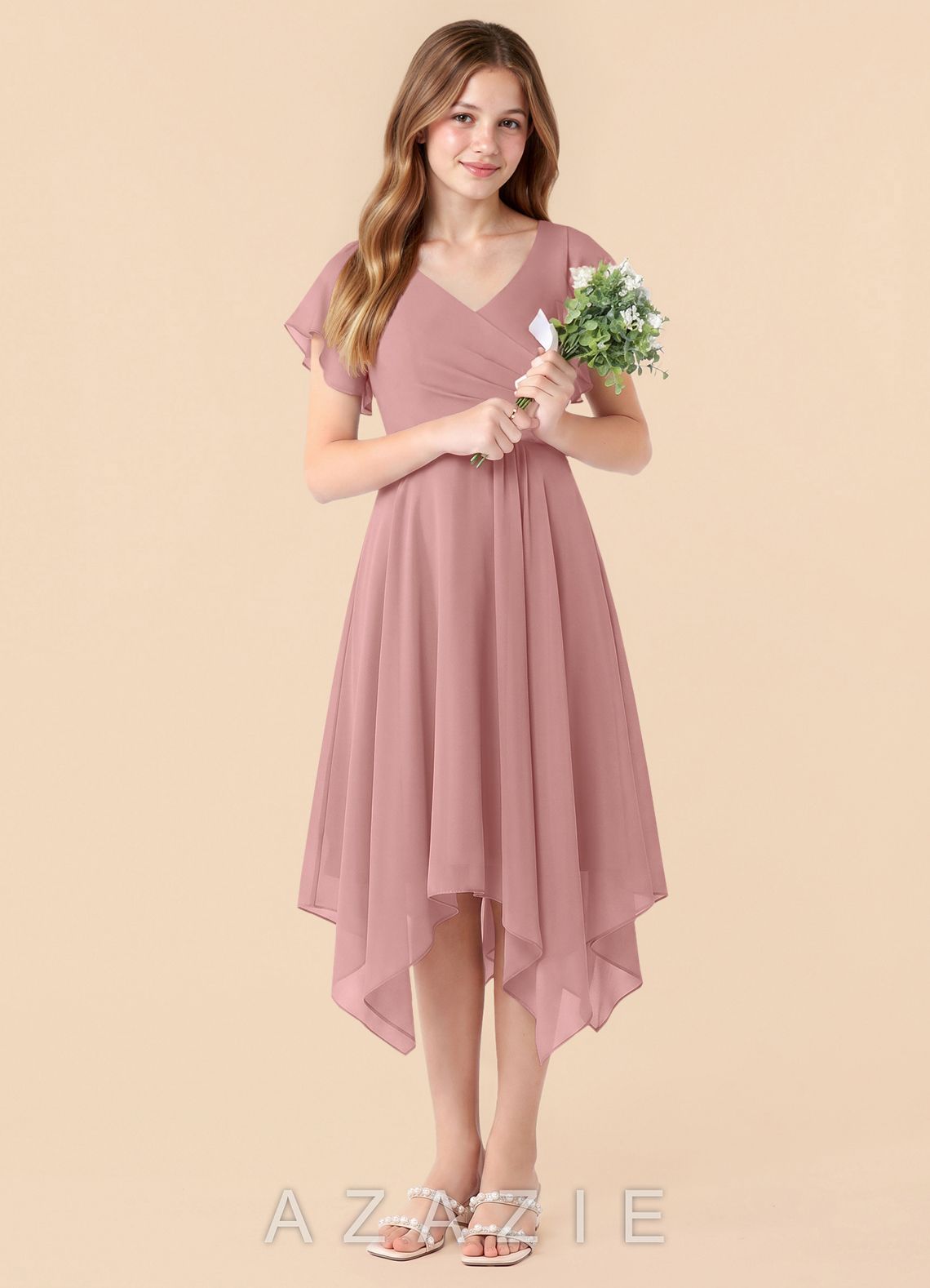 Azazie Janeaurelia Junior Dusty Rose A-Line Pleated Chiffon Dress dusty_rose