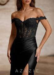 Wrentino Black Embroidered Appliqué Satin Mermaid Dress