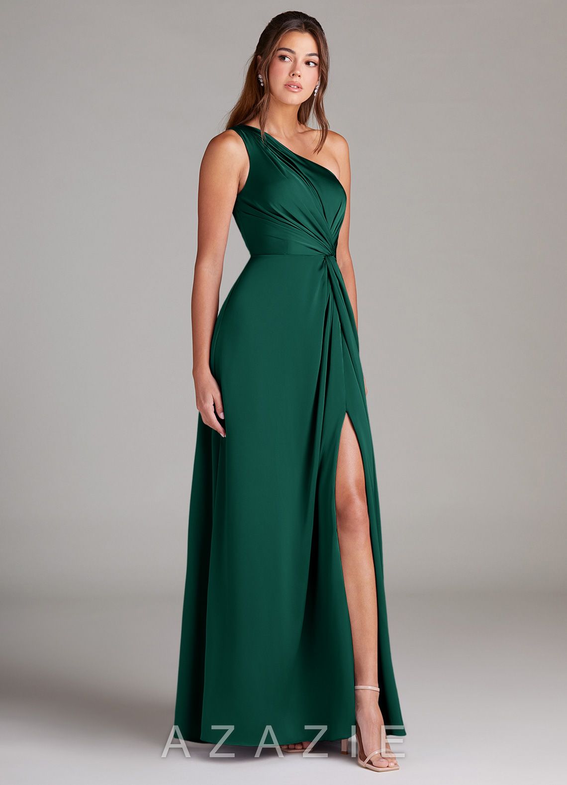 Azazie Brooke Emerald A-Line One Shoulder Stretch Satin Dress emerald