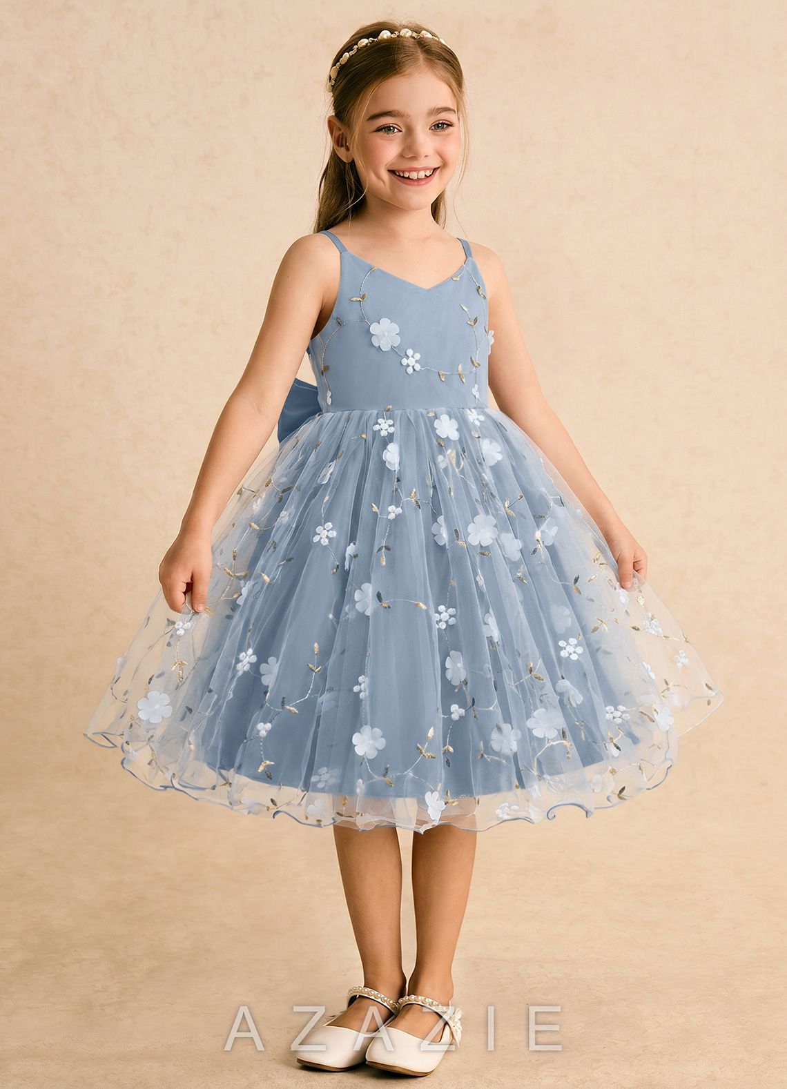 Azazie Junebug Dusty Blue Ball-Gown Spaghetti Strap Tulle Dress dusty_blue