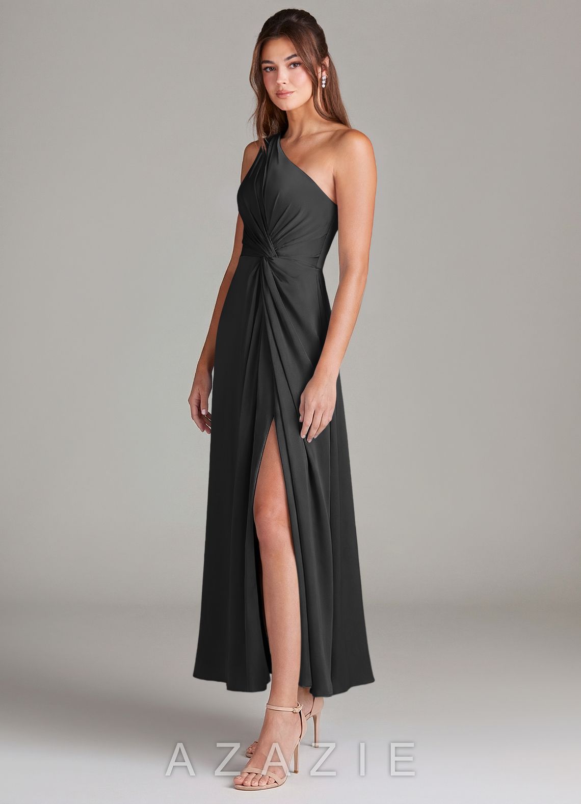 Azazie Brooke Black A-Line One Shoulder Stretch Satin Dress black