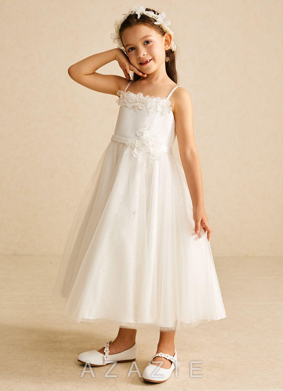 Azazie Patsie Ivory A-Line Off the Shoulder Tulle Dress ivory