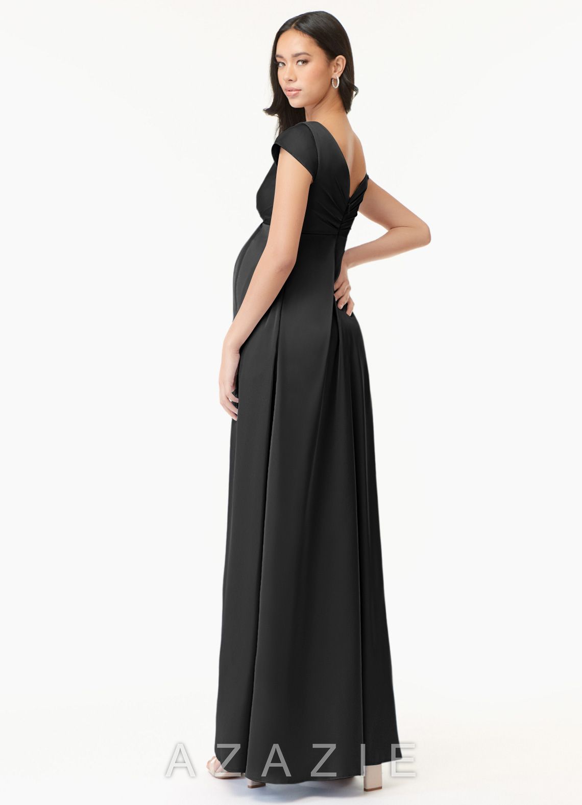 Azazie Allessia Stretch Satin Dress A-Line Pleated Stretch Satin Floor-Length Dress black