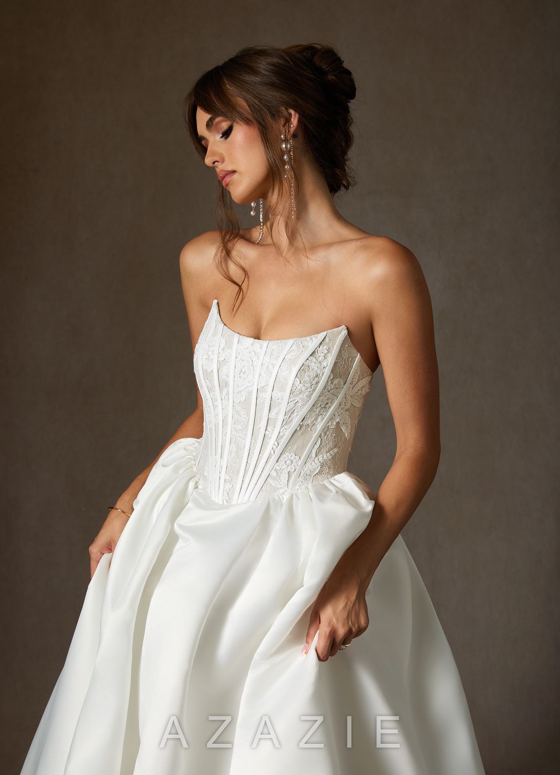 Azazie Mirabeth Diamond White Ball-Gown Strapless Lace Dress diamond_white