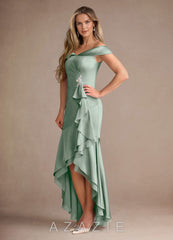 Azazie Billings Agave Mermaid Off the Shoulder Stretch Satin Dress agave