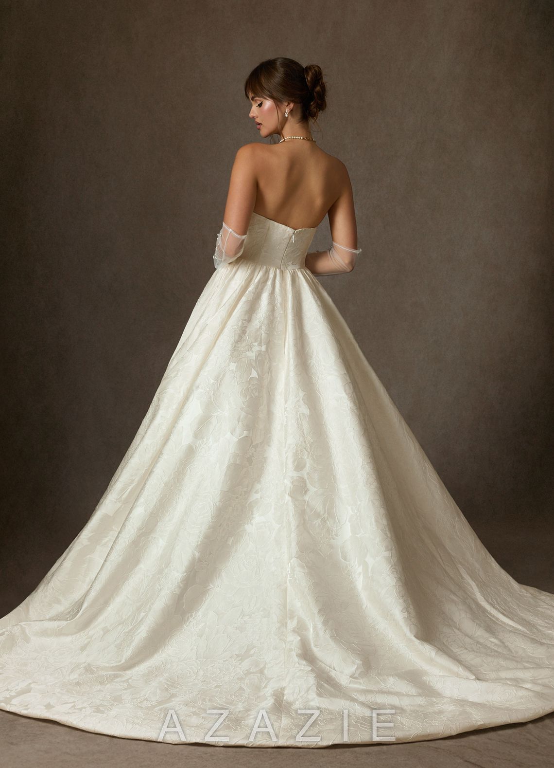 Azazie Allira Antique White Ball-Gown Strapless Floral Jacquard Dress