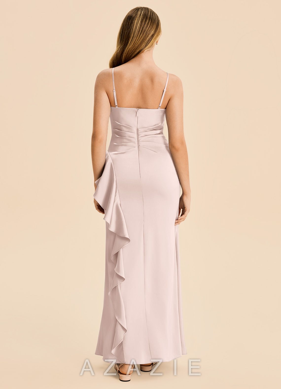 Azazie Lyla Junior Blushing Pink Mermaid Pleated Stretch Satin Dress blushing_pink