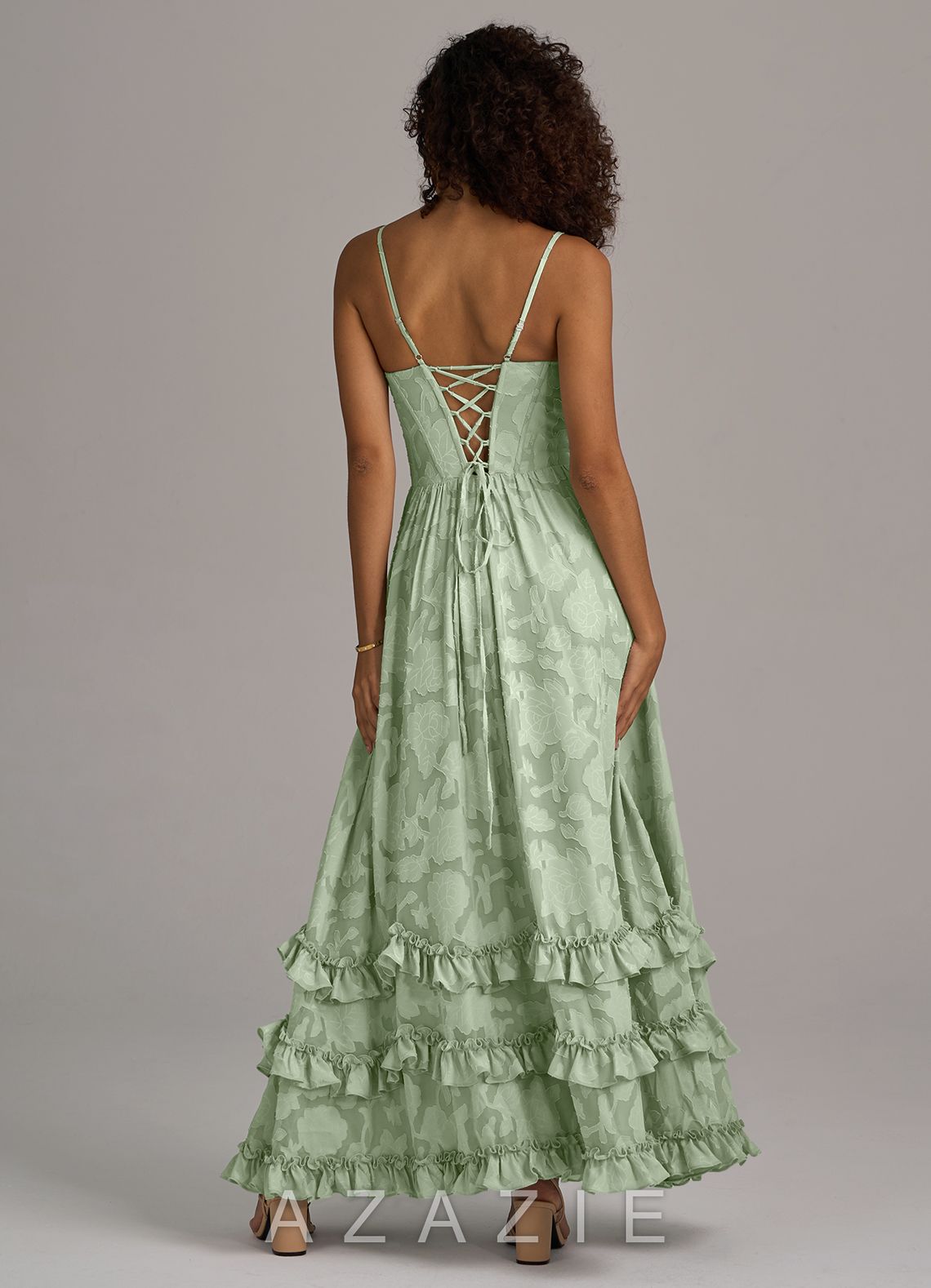 Azazie Lettie Dusty Sage A-Line Corset Floral Burnout Dress dusty_sage