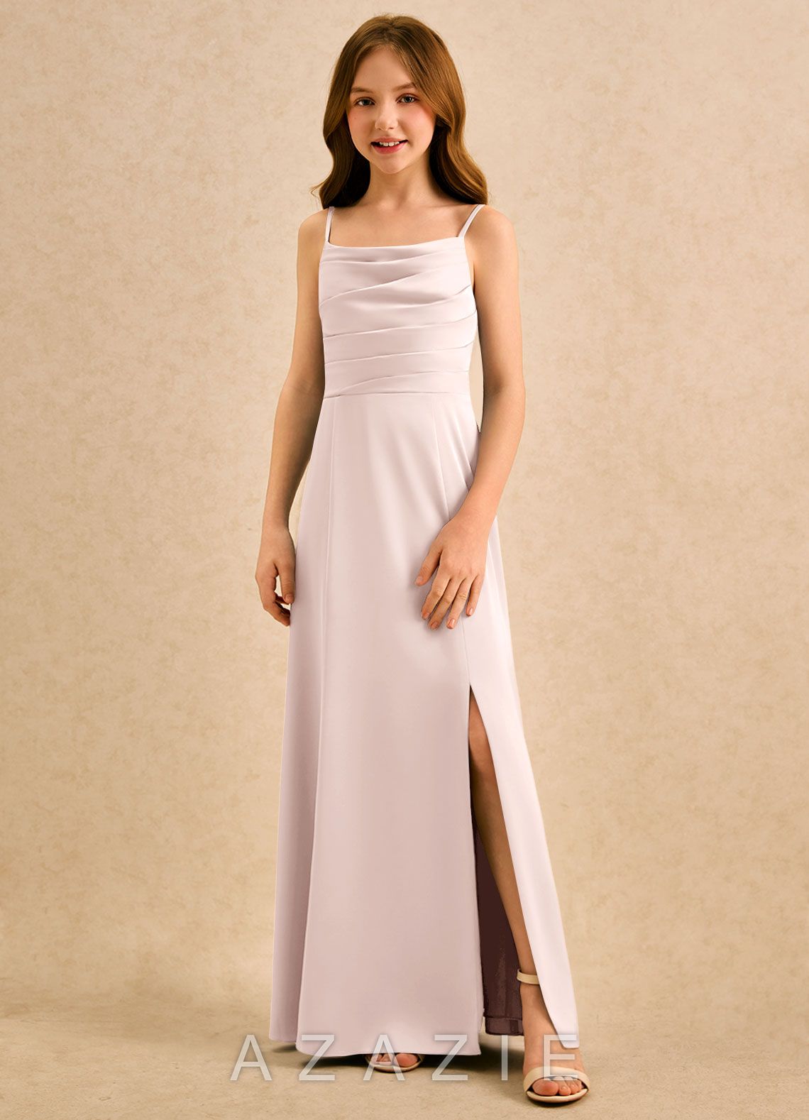 Azazie Chamomile Girls Formal Blushing Pink A-Line Pleated Stretch Satin Dress blushing_pink