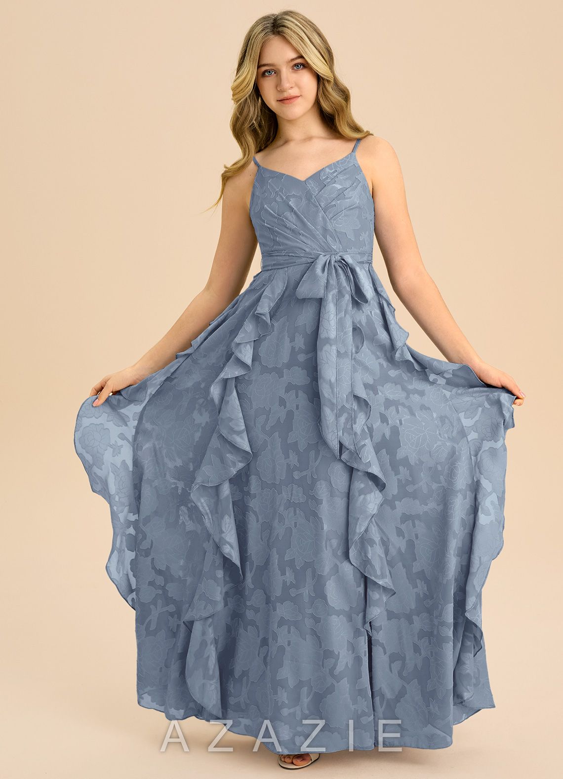 Azazie Peyton Junior Dusty Blue A-Line Pleated Floral Burnout Dress dusty_blue
