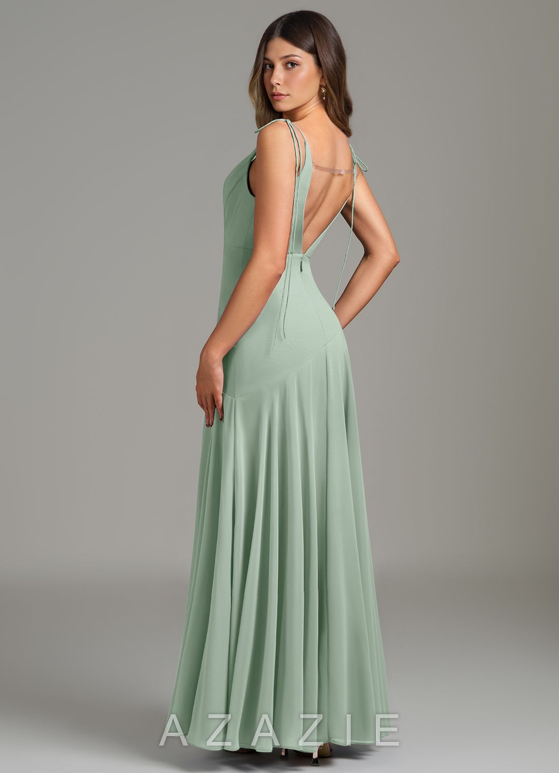 Azazie Dawn Agave Mermaid Pleated Chiffon Dress agave