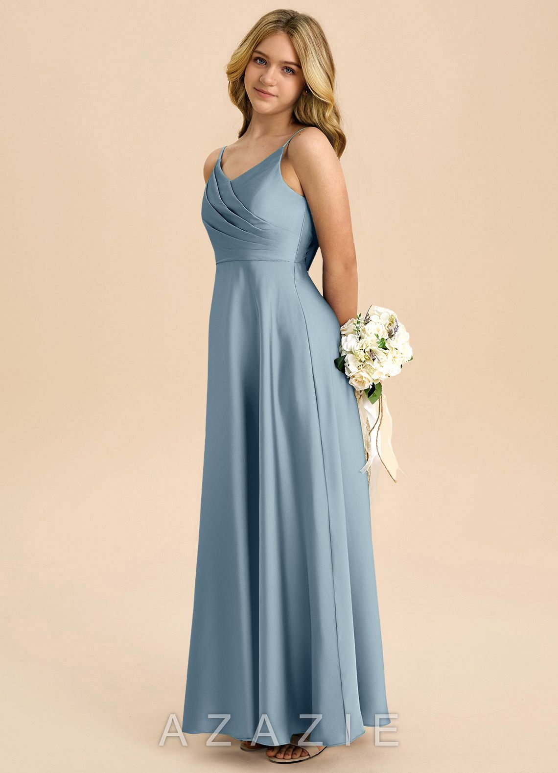 Azazie Bug Junior Dusty Blue A-Line Pleated Stretch Satin Dress dusty_blue