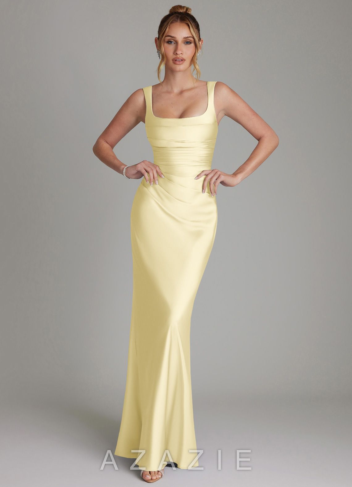 Azazie Agustina Lemon Sorbet Mermaid Corset Stretch Satin Dress