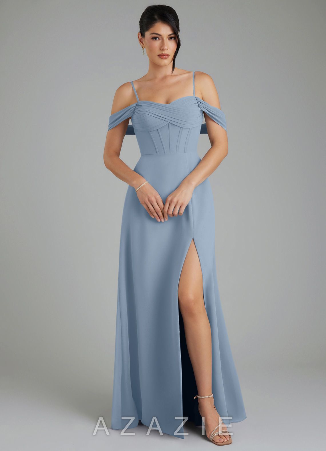 Azazie Cece Dusty Blue A-Line Off the Shoulder Chiffon Dress dusty_blue