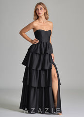 Azazie Faye Black A-Line Ruched Stretch Satin Dress